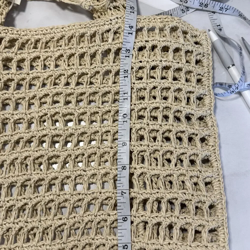 C&C California Crochet Jute Open Tote Bag with Tassel Natural Double Handle NEW